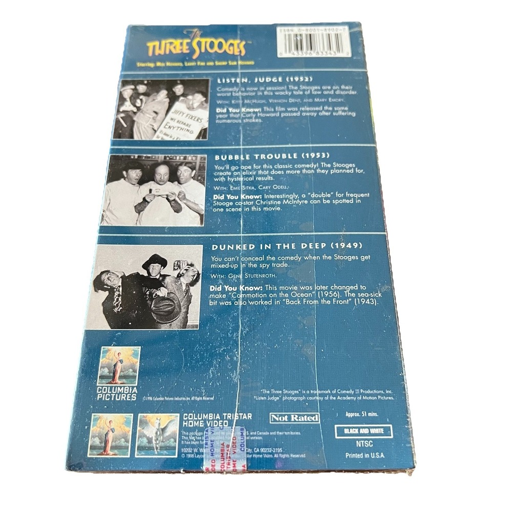 The Three Stooges Listen Judge VHS 1996 Sealed New Bubble Trouble Dunked in Deep - Picture 2 of 3